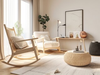 Comfortable living room with rocking chair. Generative AI