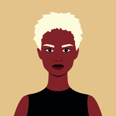 Portrait of a beautiful African woman with short blonde hair. Full face portrait in flat style. Avatar. Female. Diversity