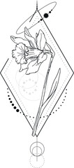 Abstract botanical tattoo with geometric elements isolated on white background. Monochrome floral tattoo with a narcissus. Vector illustration