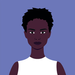 Portrait of a beautiful African woman with short hair. Full face portrait in flat style. Avatar. Female. Diversity