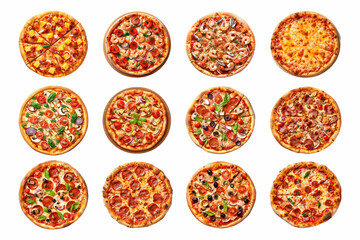 Fototapeta na wymiar Top view pizza collection isolated on white background with AI generated. 