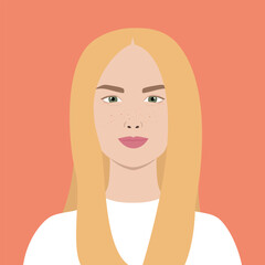 Portrait of a young smiling woman with blonde hair and freckles. Avatar for social media. Abstract female portrait in flat style
