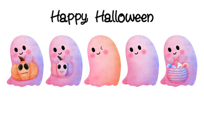 Happy halloween with baby pink ghosts with halloween punpkin and basket illustration.