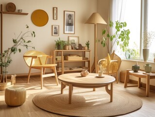 Yellow Japanese style living room with wooden decoration. Generative AI