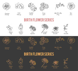 birth flower line art black and white and rose gold series set