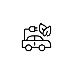 Car and plug with leaf. Vector line icon black and white with green eco energy theme