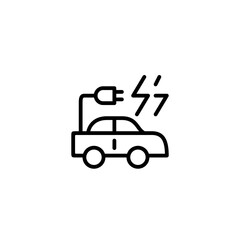 Car and plug with thunder electric. Vector line icon black and white with green eco energy theme