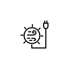 Combination sun and plug with air wind. Vector line icon black and white with green eco energy theme