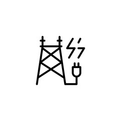 Power plan tower and plug with thunder electric. Vector line icon black and white with green eco energy theme