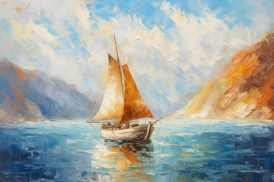 Impasto oil painting of sailing boat on the sea, impressionism, beautiful artistic image with brush and palette knife strokes on canvas. Generative AI.