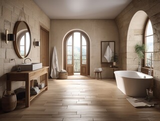 vintage style bathroom with brick wall, window and natural light. Generative AI