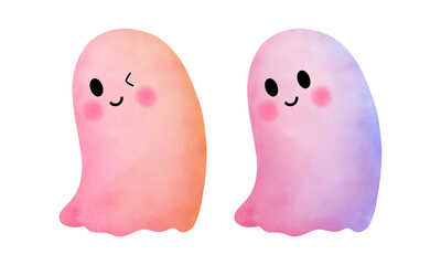 Set of watercolor pink and yellow baby ghost illustration isolated on transparent background.