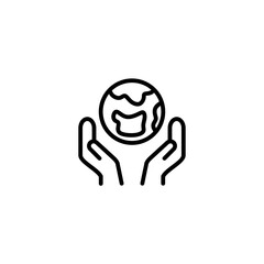 Two hand holding earth. Vector line icon black and white with green eco energy theme