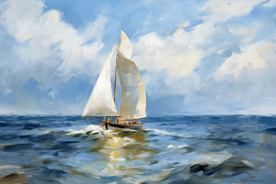 Digital oil painting of sailing boat on the sea, impressionism, beautiful artistic image with brush strokes and canvas texture. Generative AI.