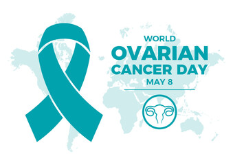 World Ovarian Cancer Day vector illustration. Blue-green cancer awareness ribbon icon vector. Ovarian cancer teal ribbon icon. May 8 every year. Important day