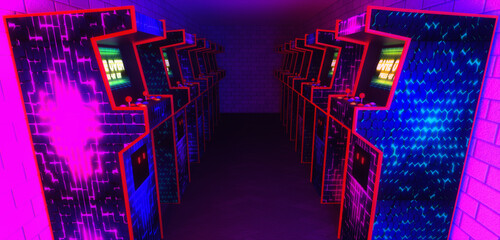 arcade machines in a game hall (3d rendering)