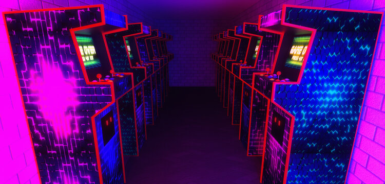 arcade machines in a game hall (3d rendering)