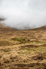 Landscape of the Scottish West Highlands, Rocky Hills, Munroes, Mountains, cloudy mountain peaks, 