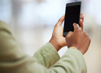 Woman, hands and phone mockup screen for communication, social media or online networking indoors. Hand of female person on mobile smartphone app for chatting, browsing or texting on mock up display