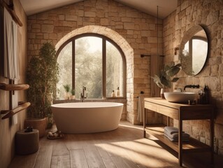 vintage style bathroom with brick wall, window and natural light. Generative AI