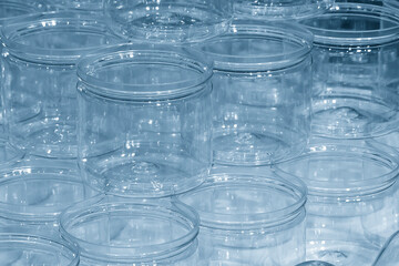 Closeup the group of jars from injection process in the light blue scene.