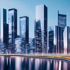 Futuristic cityscape with glass and metal skyscrapers