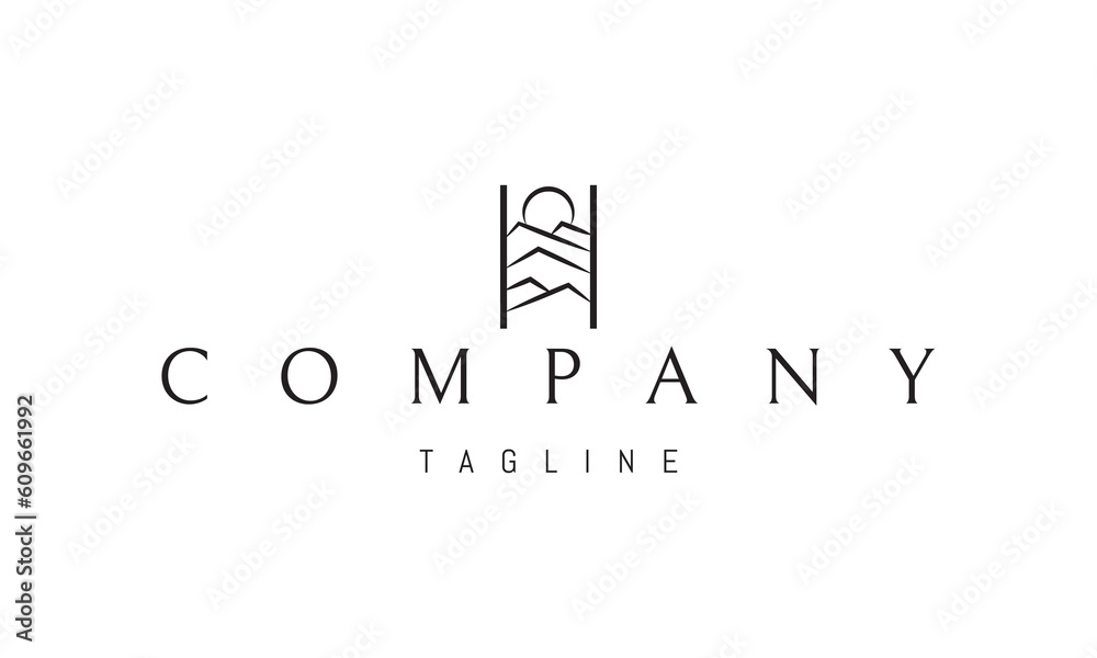 Wall mural vector logo on which an abstract image of a mountain range against the background of the sun.