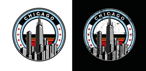 Naklejka premium chicago cityscape, landscape, tall buildings logo illustration 1