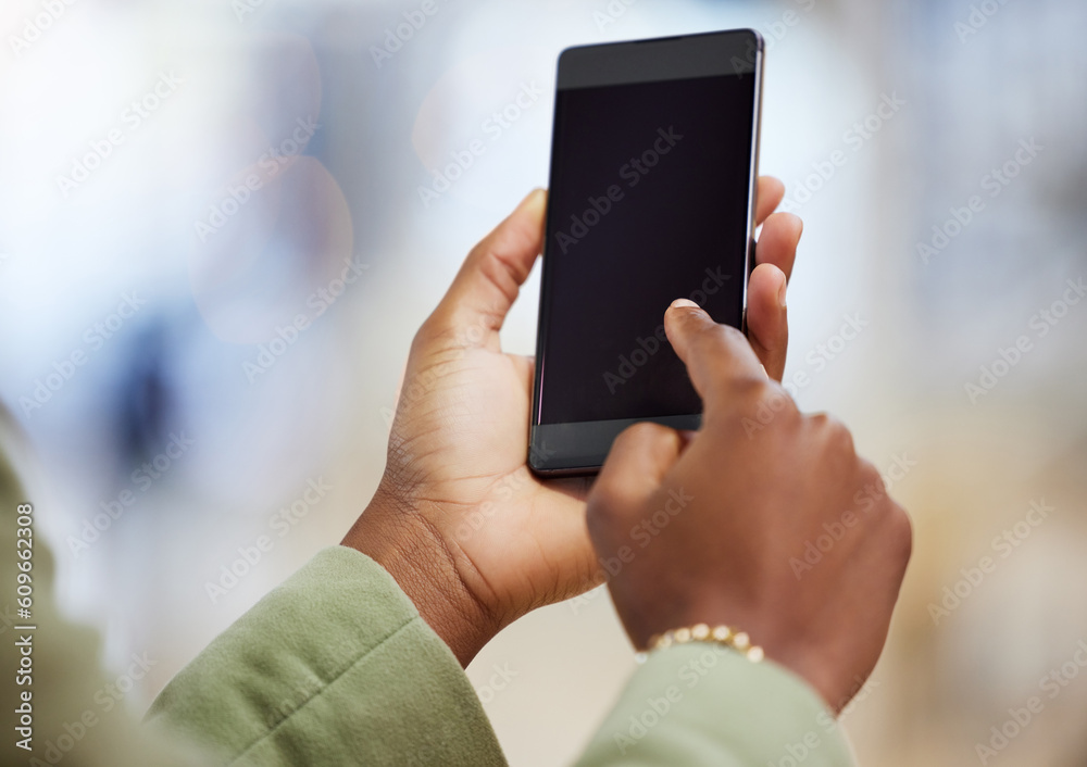 Leinwandbilder woman, hands and phone mockup typing in social media for communication, web or networking. hand of f