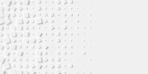 Random scaled and rotated white cube boxes block background wallpaper banner fade out with copy space