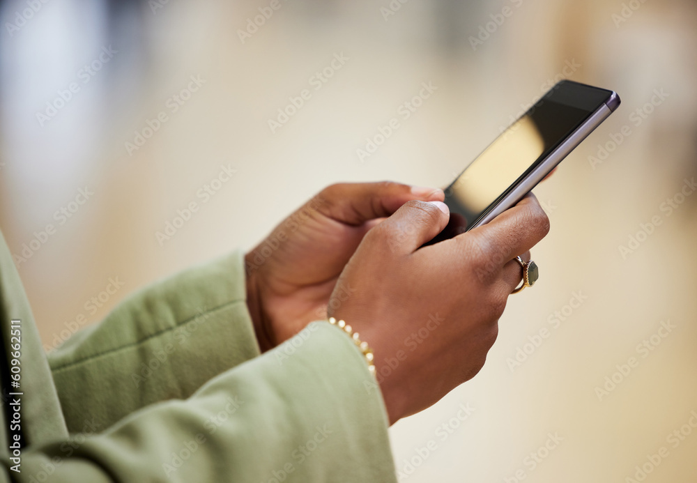 Poster woman, hands and phone screen typing in social media for communication, web or networking on mockup.