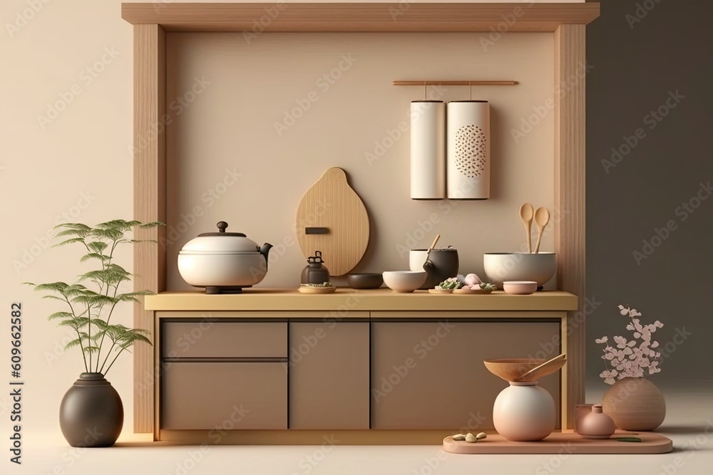 Sticker Kitchen interior, beige walls, wooden floor, brown cupboard, set of utensils and decorative plants