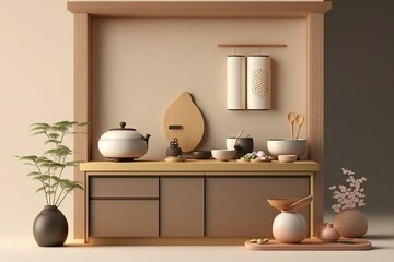 Fototapeta na wymiar Kitchen interior, beige walls, wooden floor, brown cupboard, set of utensils and decorative plants