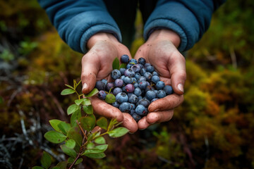 Hands holding wild blueberries. Created using generative Al tools.