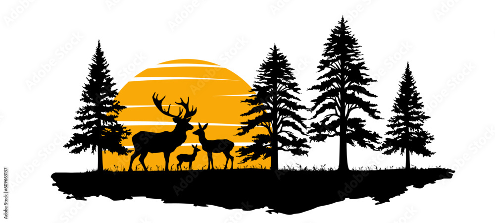 Canvas Prints Black silhouette of deer family with baby, forest fir tree, sunset sunrise sun, wildlife adventure hunting  landscape panorama illustration vector for logo, isolated  white background (Generative Ai)