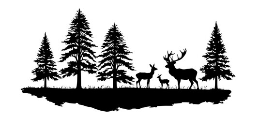 Black silhouette of deer family with baby and forest fir trees wildlife adventure hunting camping landscape panorama illustration icon vector for logo, isolated on white background (Generative Ai) - obrazy, fototapety, plakaty