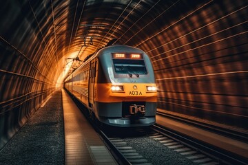 Naklejka premium Fast-moving Train in Dark Tunnel