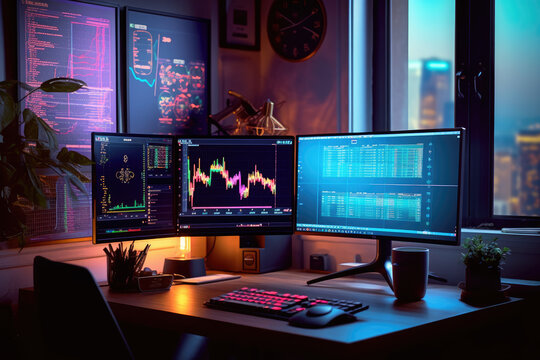 Stock graphs on a monitor in a beautiful office - ai generative