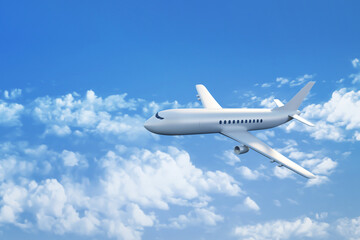 Airplane flying in the air with a blue sky scene. 3D Illustration.