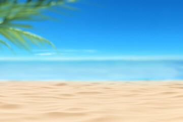 Sandy beach with the blue ocean and blue sky background. 3D Illustration.