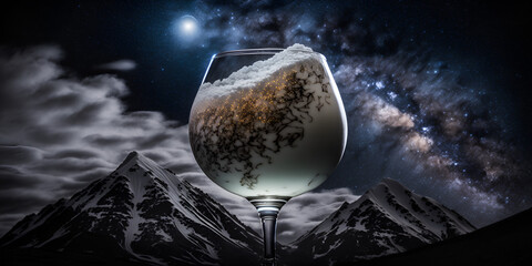 The delicious cocktail in mountains, luxury winter travel, night sky with tasty drink.