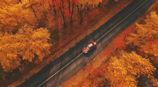 Car driving in an autumn forest. Generative Ai.