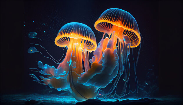 Glowing sea jellyfishes on dark background Ai generated image