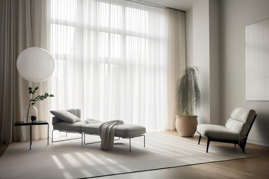 modern bright white living room interior, big windows, white curtain, generative ai