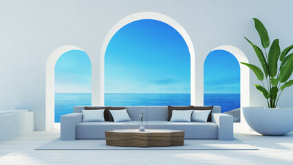 Sea View Beach Luxury Living Room - Santorini island style - 3D rendering - 609664720