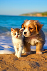 cute puppy and cat enjoying on the beach ocean, ai generative