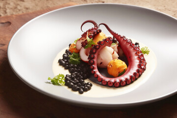 colorful octopus dish in white plate on wooden background