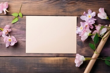 empty paper note with pink flowers on wooden background