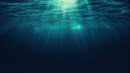 Dark blue ocean surface seen from underwater. Illustration of sun light rays under water. Generative AI for banner, poster, cover, brochure or presentation.