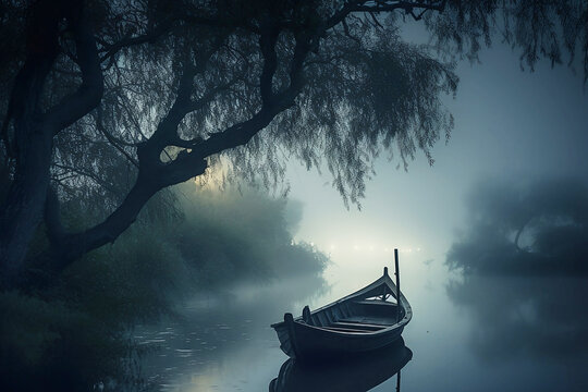 boat by river bank at foogy night